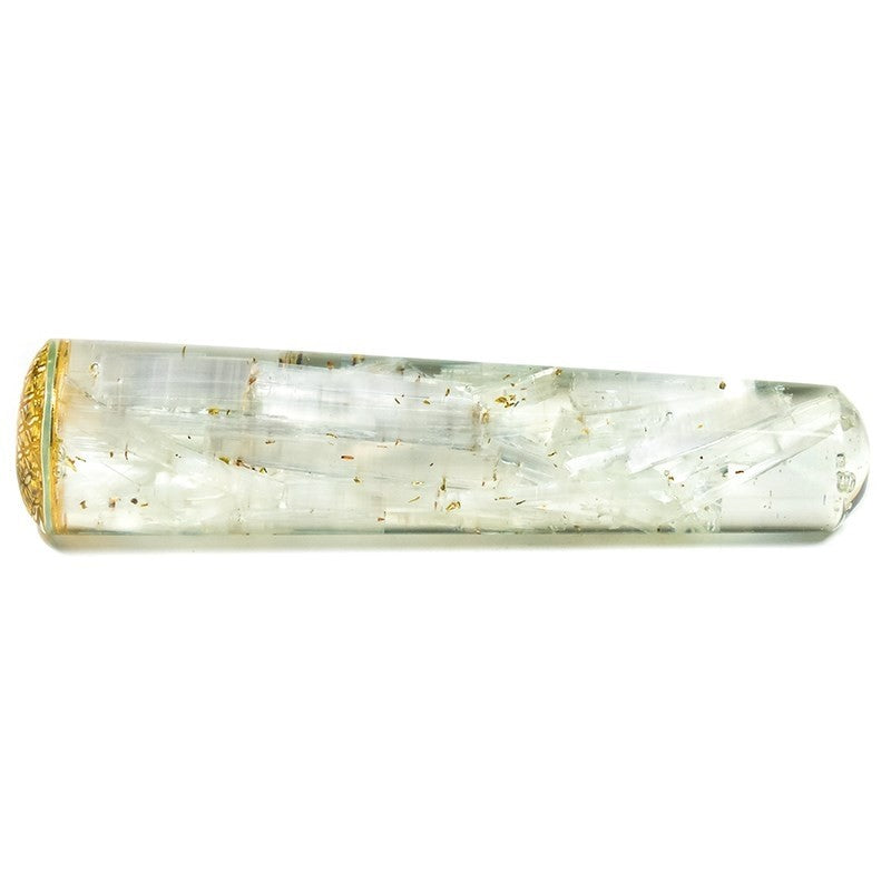 Bastão Massajador de Orgonite e Selenita com o Símbolo da Flor da Vida