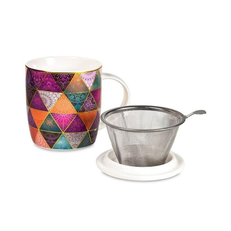 Chávena em porcelana com tampa e filtro - Patchwork de Mandalas