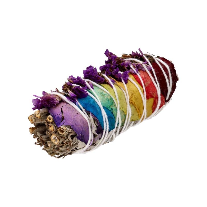 Tocha de Sálvia Branca Pequena com pétalas de rosas dos 7 chakras