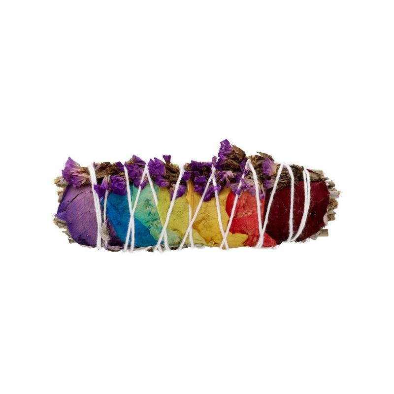 Tocha de Sálvia Branca Pequena com pétalas de rosas dos 7 chakras