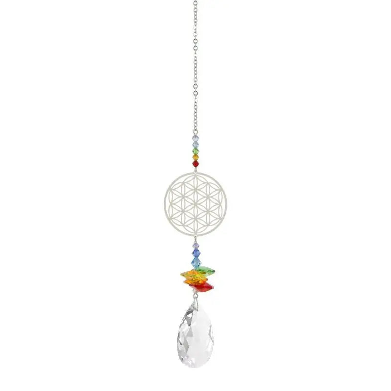 Cascata de cristais Swarovski multifacetados chakras com Flor da Vida