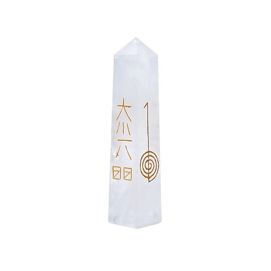 Obelisco de Quartzo branco com símbolos do Reiki