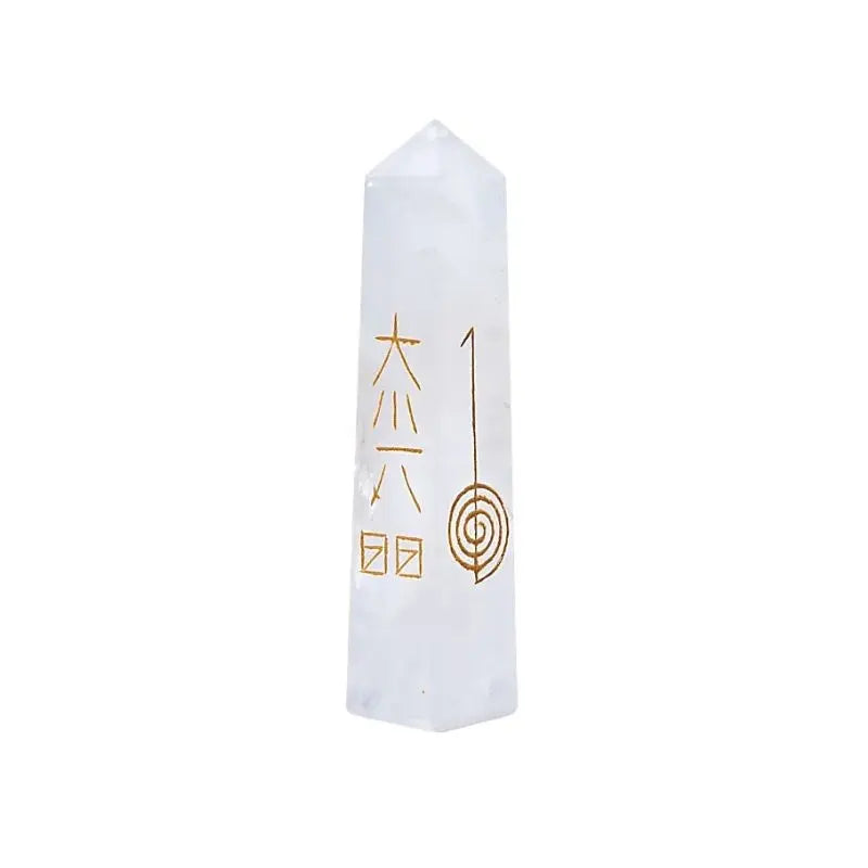 Obelisco de Quartzo branco com símbolos do Reiki