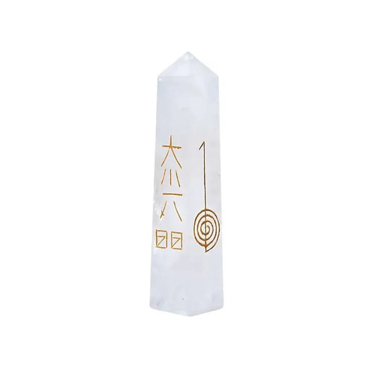 Obelisco de Quartzo branco com símbolos do Reiki