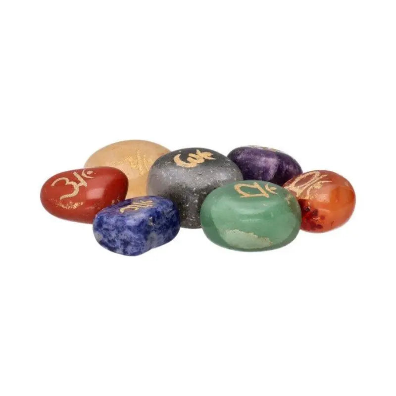 Conjunto pequeno de pedras semi-preciosas gravadas dos 7 chakras
