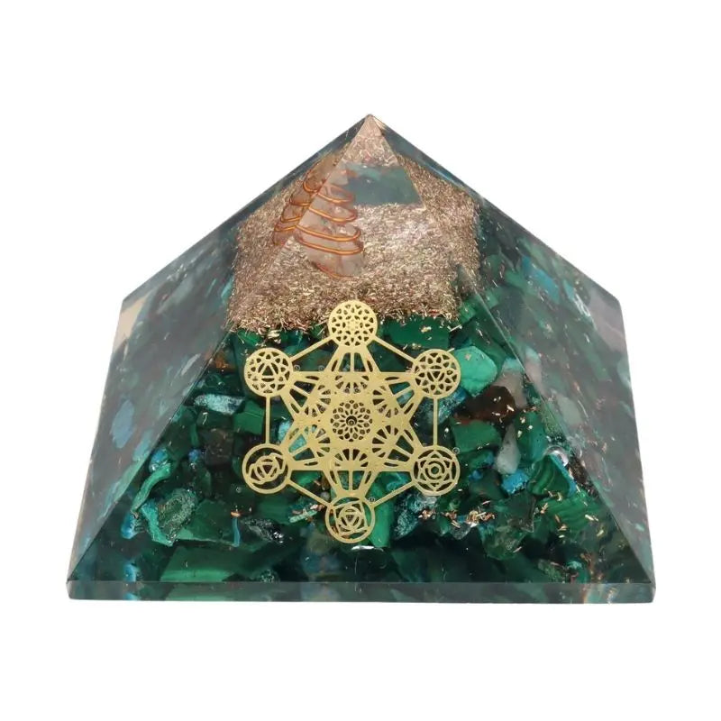 Pirâmide de Orgonite de Malaquita com o Cubo de Metatron