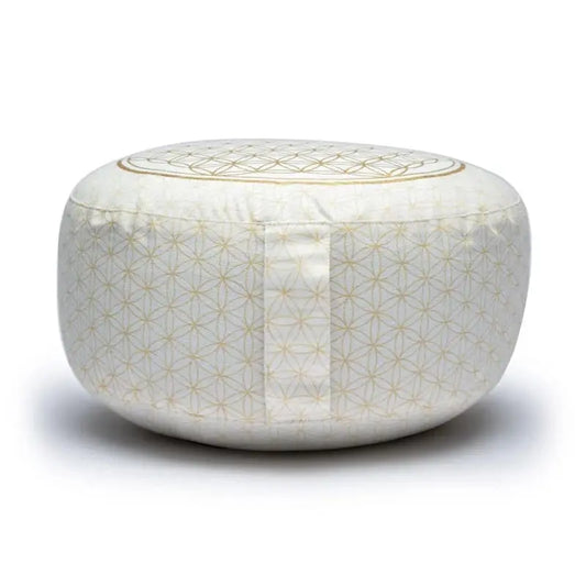 Zafu de meditação decorado com símbolo Flor da Vida