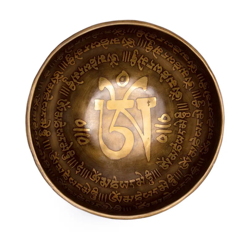 Taça Tibetana Om Mani Pad Me Hum com batente em madeira - 12.5 cm