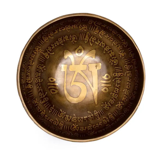 Taça tibetana Om Mani Pad Me Hum com batente em madeira