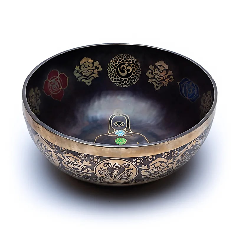 Taça tibetana dos chakras com batente em madeira - 38 cm
