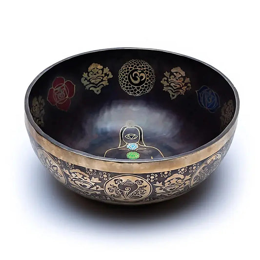 Taça tibetana dos chakras com batente em madeira