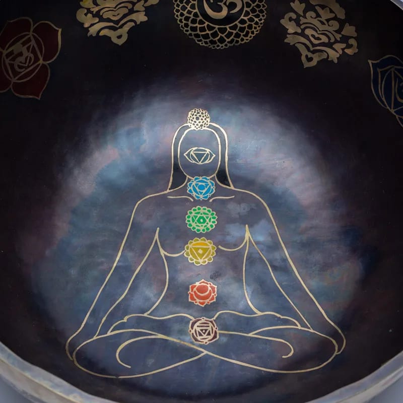 Taça tibetana dos chakras com batente em madeira - 38 cm