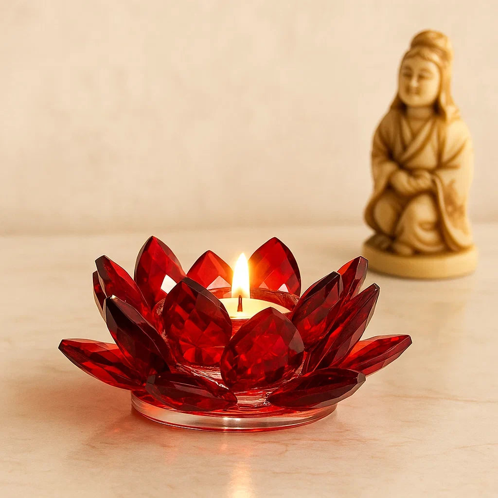 Porta-velas Flor de Lotus em Cristal - vermelho