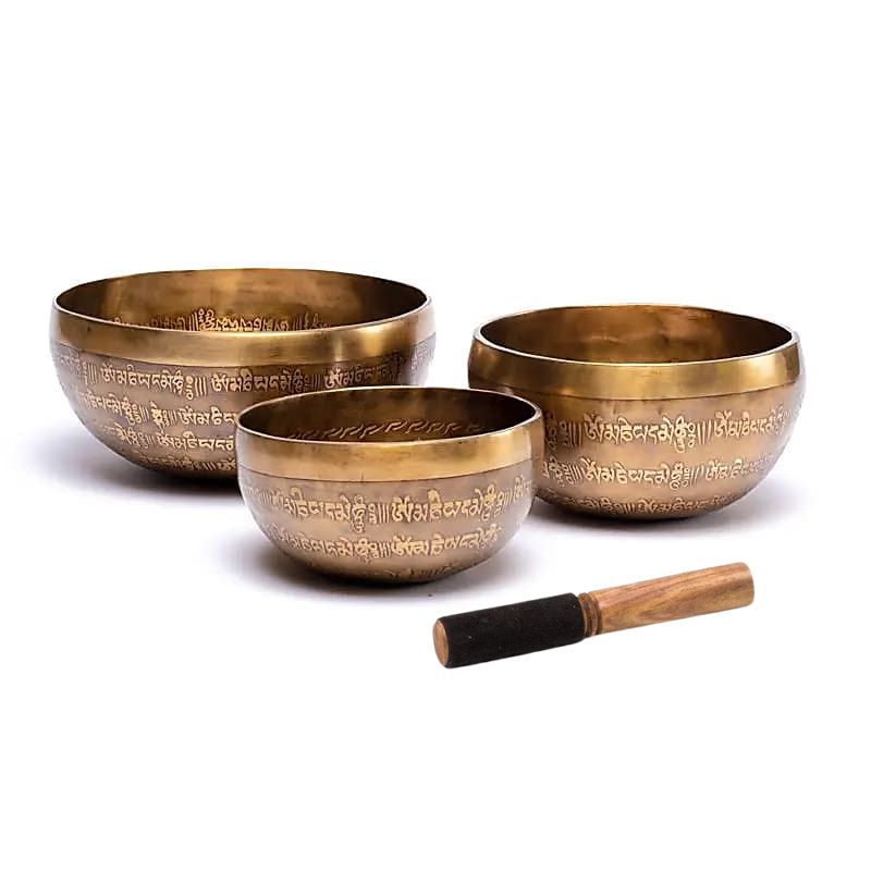Taça Tibetana Om Mani Pad Me Hum com batente em madeira - 12.5 cm
