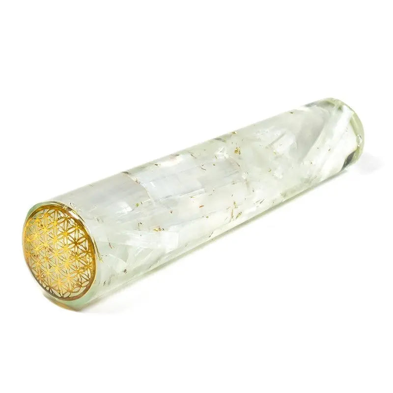 Bastão Massajador de Orgonite e Selenita com o Símbolo da Flor da Vida