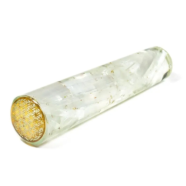 Bastão Massajador de Orgonite e Selenita com o Símbolo da Flor da Vida