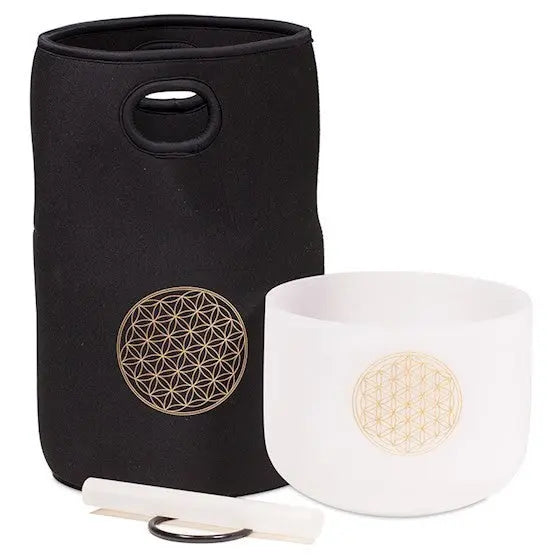 Taça sonora de cristal quartzo branco com desenho da Flor da Vida
