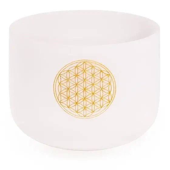 Taça sonora de cristal quartzo branco com desenho da Flor da Vida