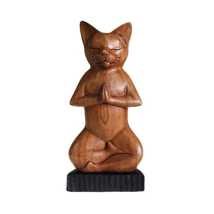 Estátua Yoga Cat em madeira esculpida a mão - Padmasana