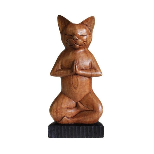 Estátua Yoga Cat em madeira esculpida a mão - Padmasana