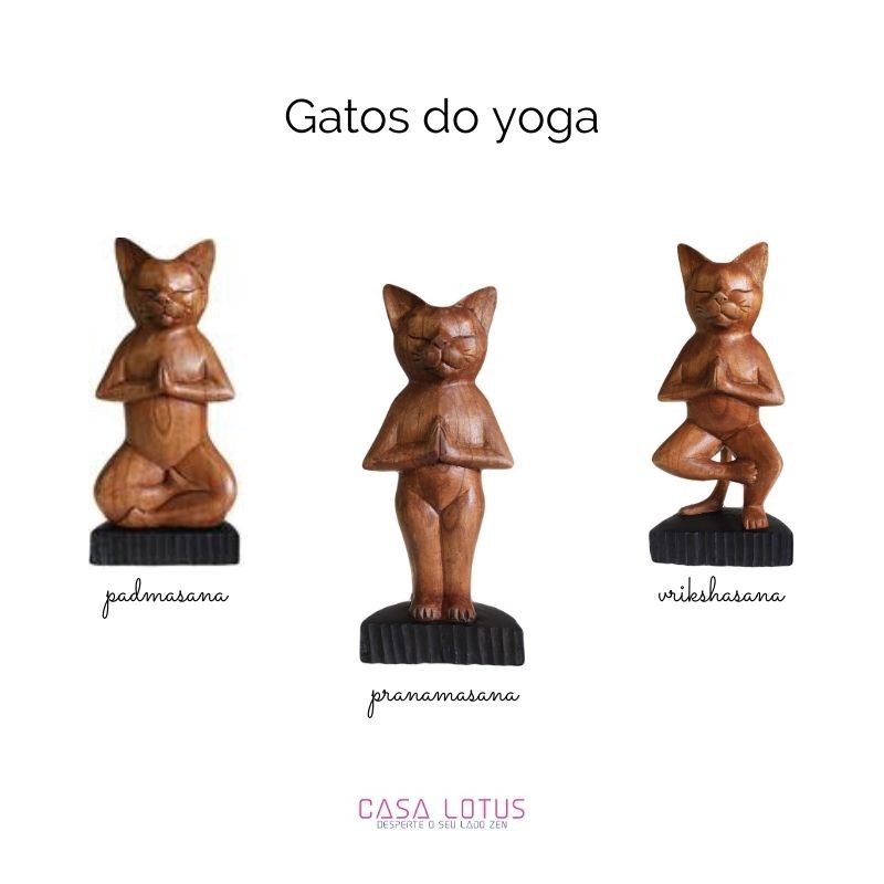 Estátua Yoga Cat em madeira esculpida a mão - Padmasana