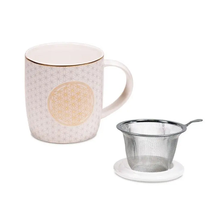 Chávena em porcelana com tampa e filtro com desenho de Flor da vida
