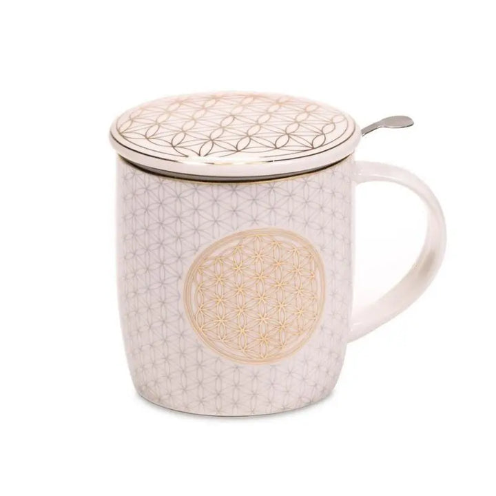 Chávena em porcelana com tampa e filtro com desenho de Flor da vida