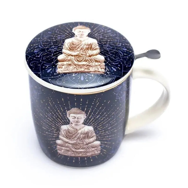 Chávena em porcelana com tampa e filtro com desenho de Buda