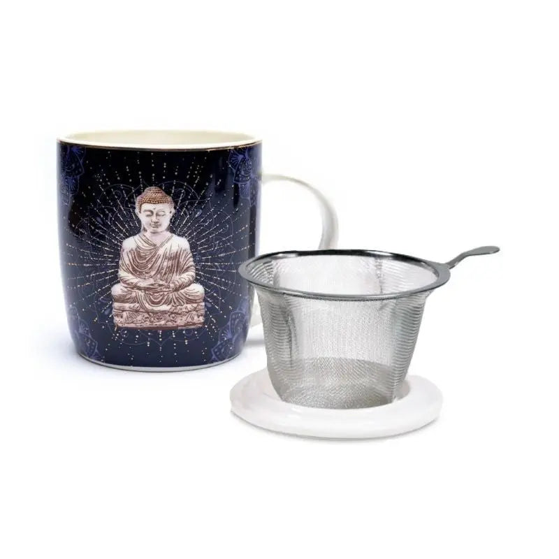 Chávena em porcelana com tampa e filtro com desenho de Buda