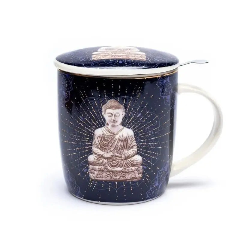 Chávena em porcelana com tampa e filtro com desenho de Buda