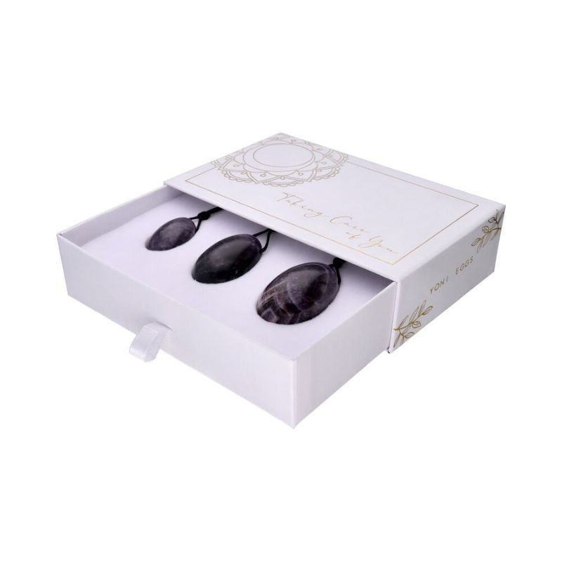 Conjunto de yoni eggs de ametista em pedra natural polida