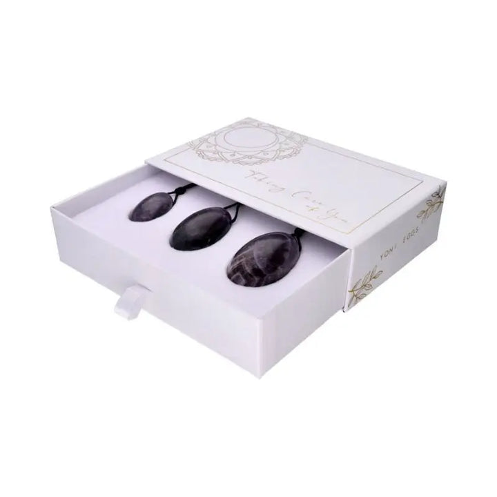 Conjunto de yoni eggs de ametista em pedra natural polida