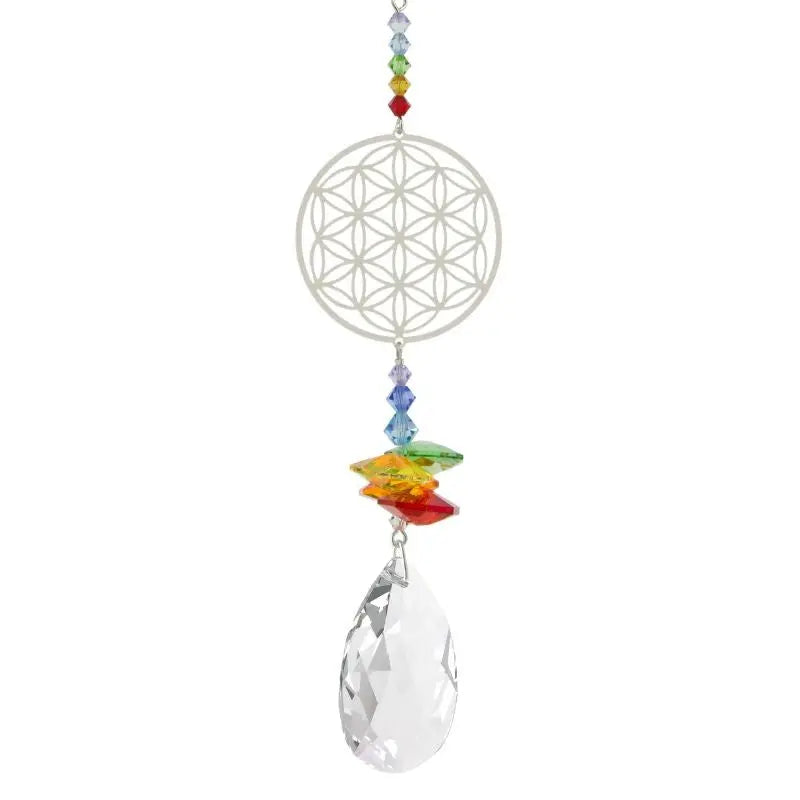 Cascata de cristais Swarovski multifacetados chakras com Flor da Vida