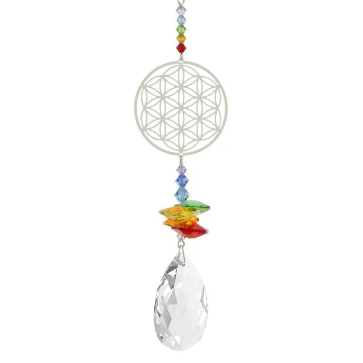 Cascata de cristais Swarovski multifacetados chakras com Flor da Vida