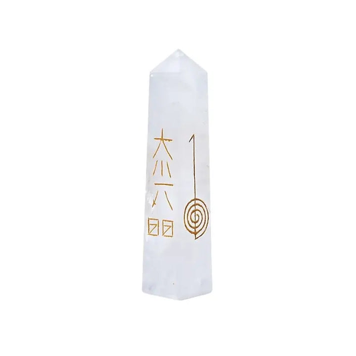 Obelisco de Quartzo branco com símbolos do Reiki