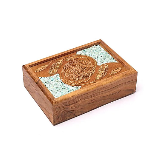 Guarda-jóias em madeira decorado com amazonita