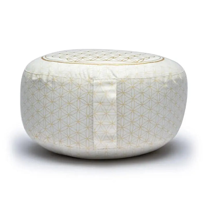 Zafu de meditação decorado com símbolo Flor da Vida
