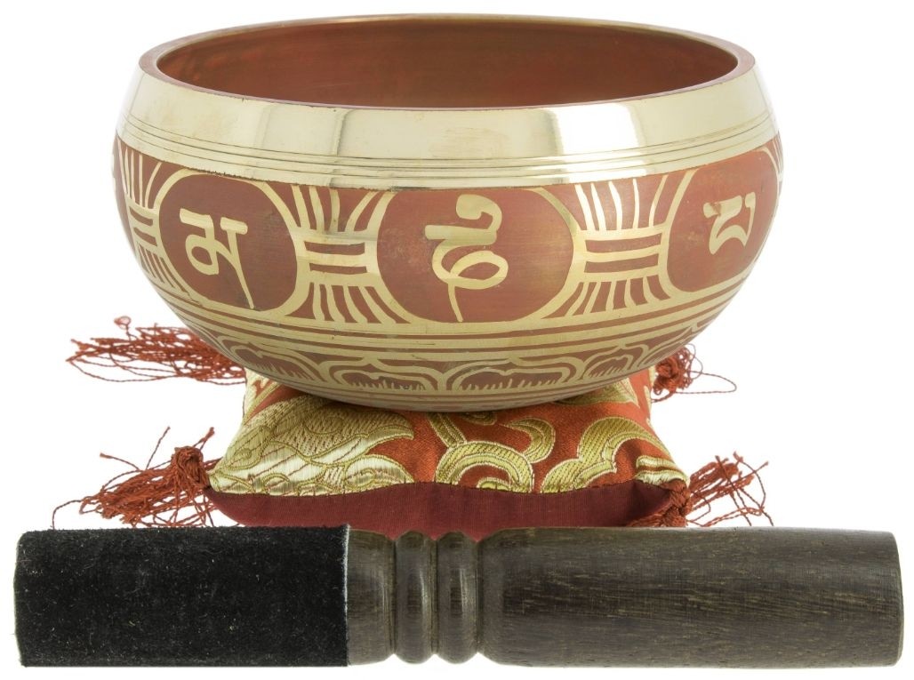 Taça tibetana vermelha com batente em madeira - 14 cm