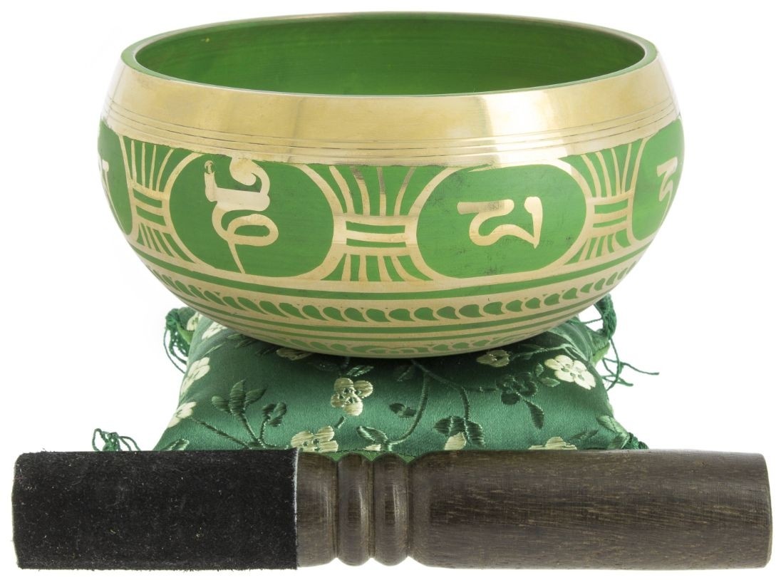 Taça Tibetana verde com batente em madeira - 14 cm