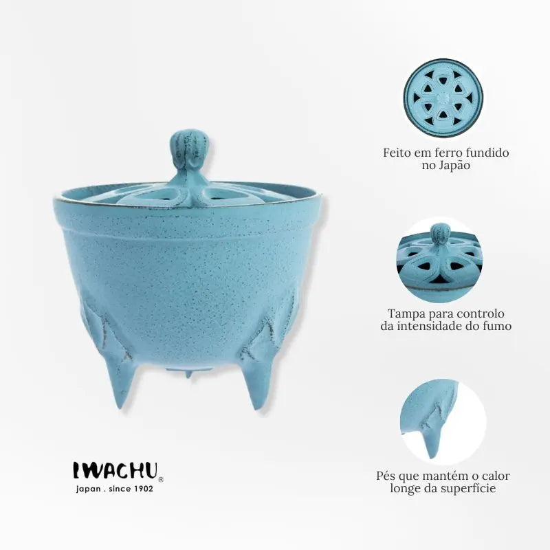 Incensário Japonês Bowl em ferro fundido azul claro