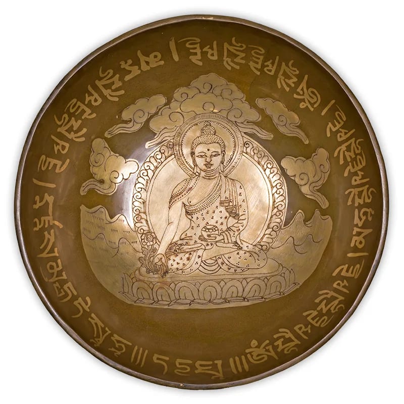 Taça tibetana Buda da medicina com batente em madeira - 28 cm