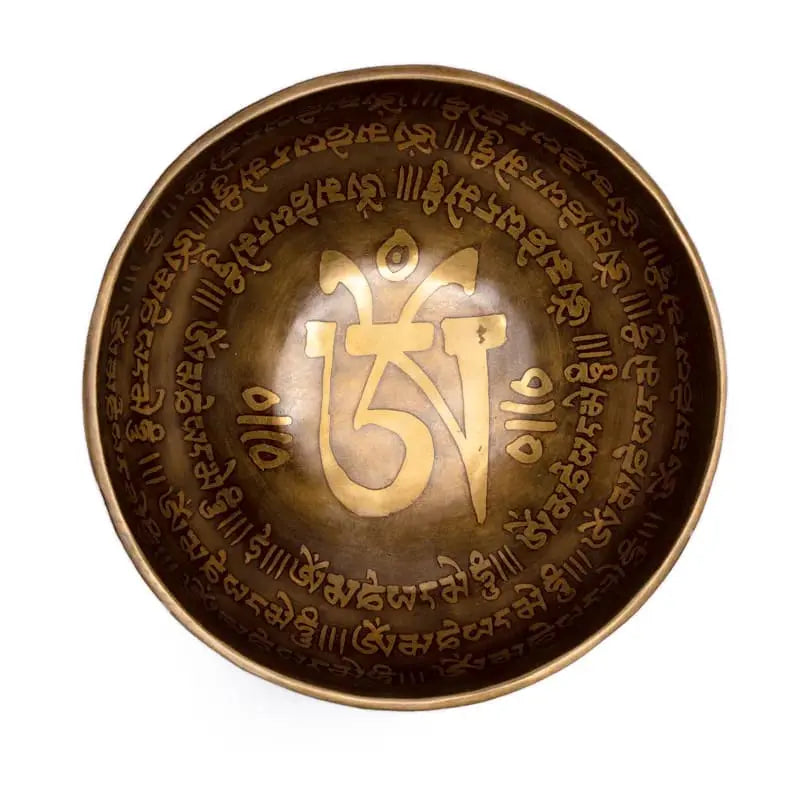 Taça tibetana Om Mani Pad Me Hum com batente em madeira