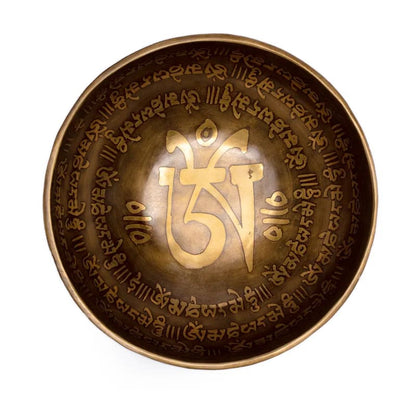Taça Tibetana Om Mani Pad Me Hum com batente em madeira - 24 cm