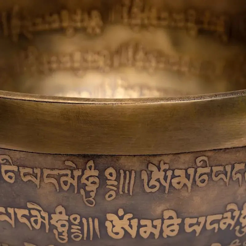 Taça tibetana Om Mani Pad Me Hum com batente em madeira
