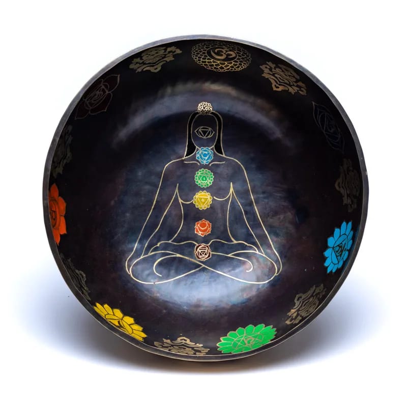 Taça Tibetana dos Chakras com batente em madeira - 38 cm