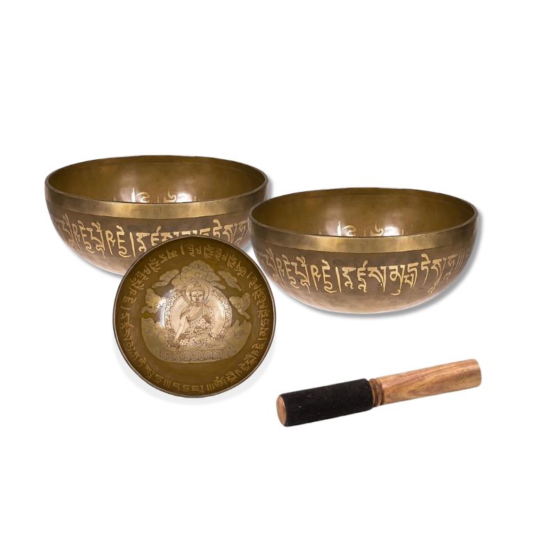 Taça tibetana Buda da medicina com batente em madeira