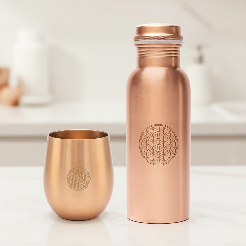 Kit com garrafa e copo em cobre - Flor da vida