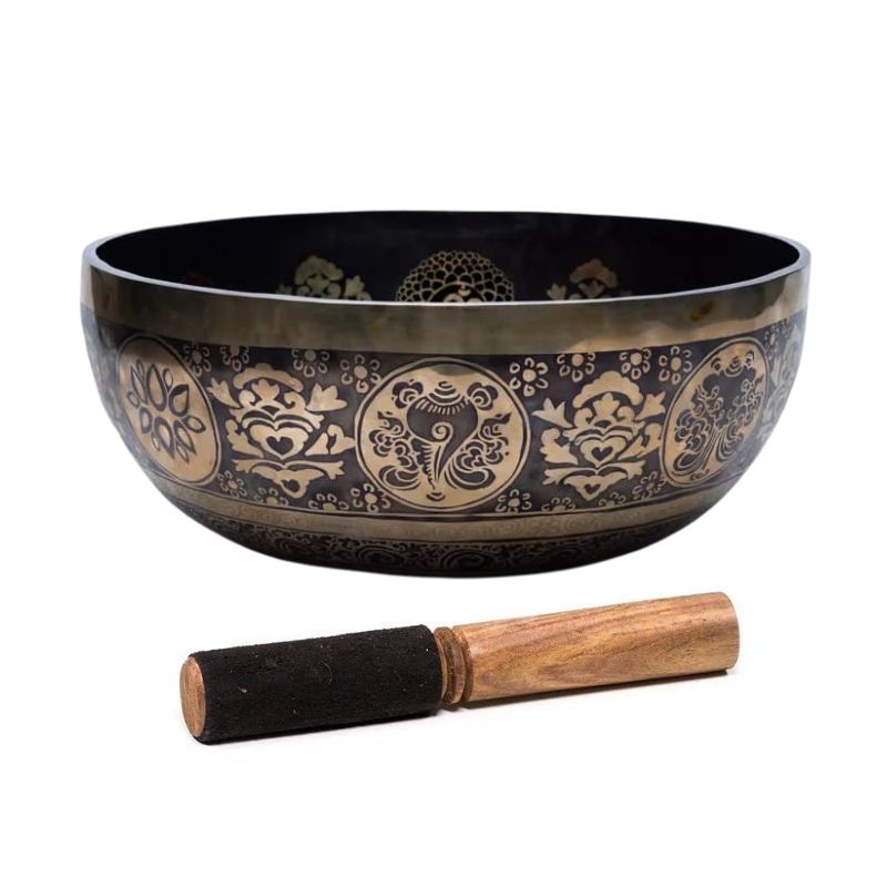 Taça Tibetana dos Chakras com batente em madeira - 38 cm