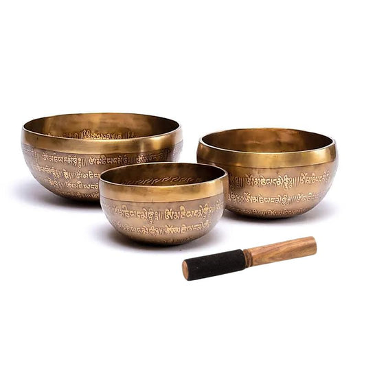 Taça tibetana Om Mani Pad Me Hum com batente em madeira - 16 cm